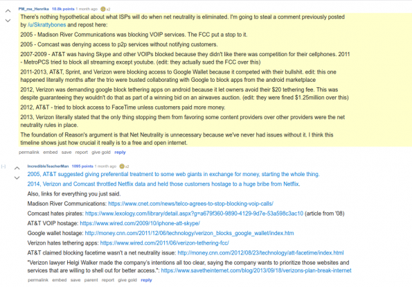 Reddit screenshot of ISP net neutrality violations