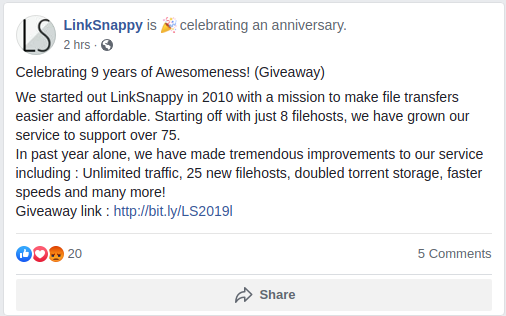 Linksnappy facebook announcement of free bonus gift for Elite members