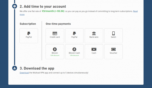 Mullvad VPN payment options screenshot - January 2020